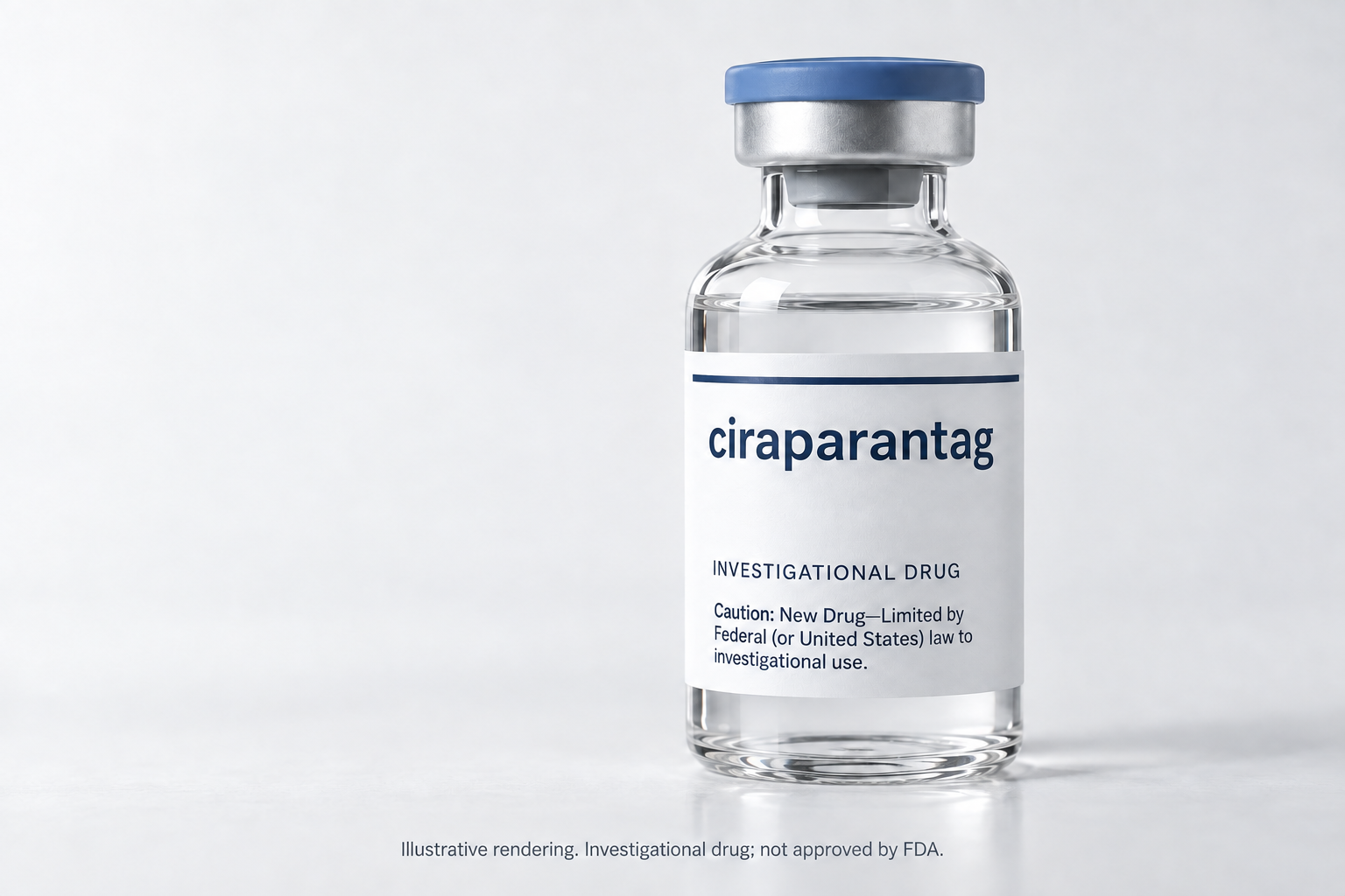 Illustrative rendering of a ciraparantag vial labeled investigational drug