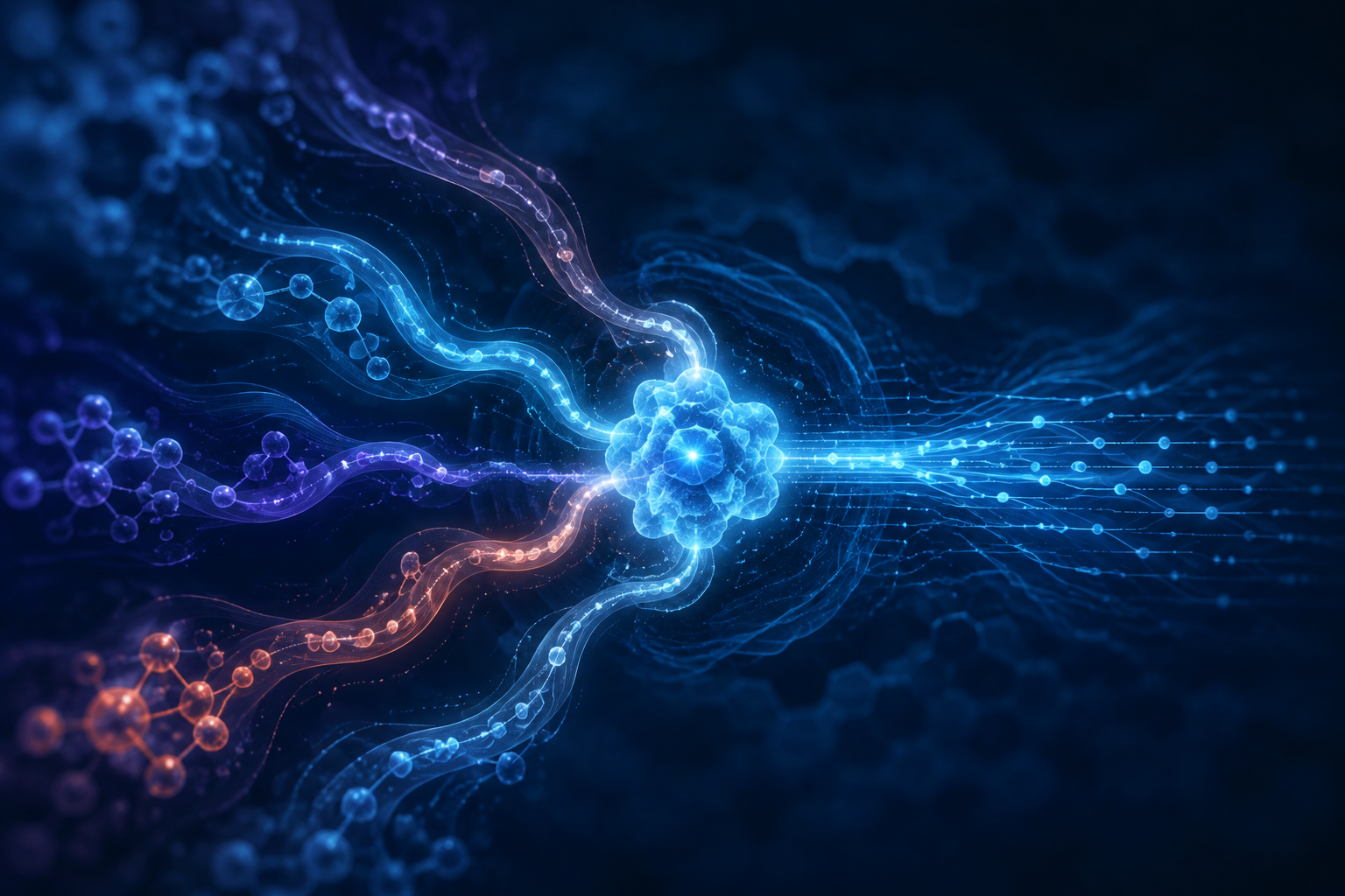 Abstract visualization of molecular interactions converging on a central form